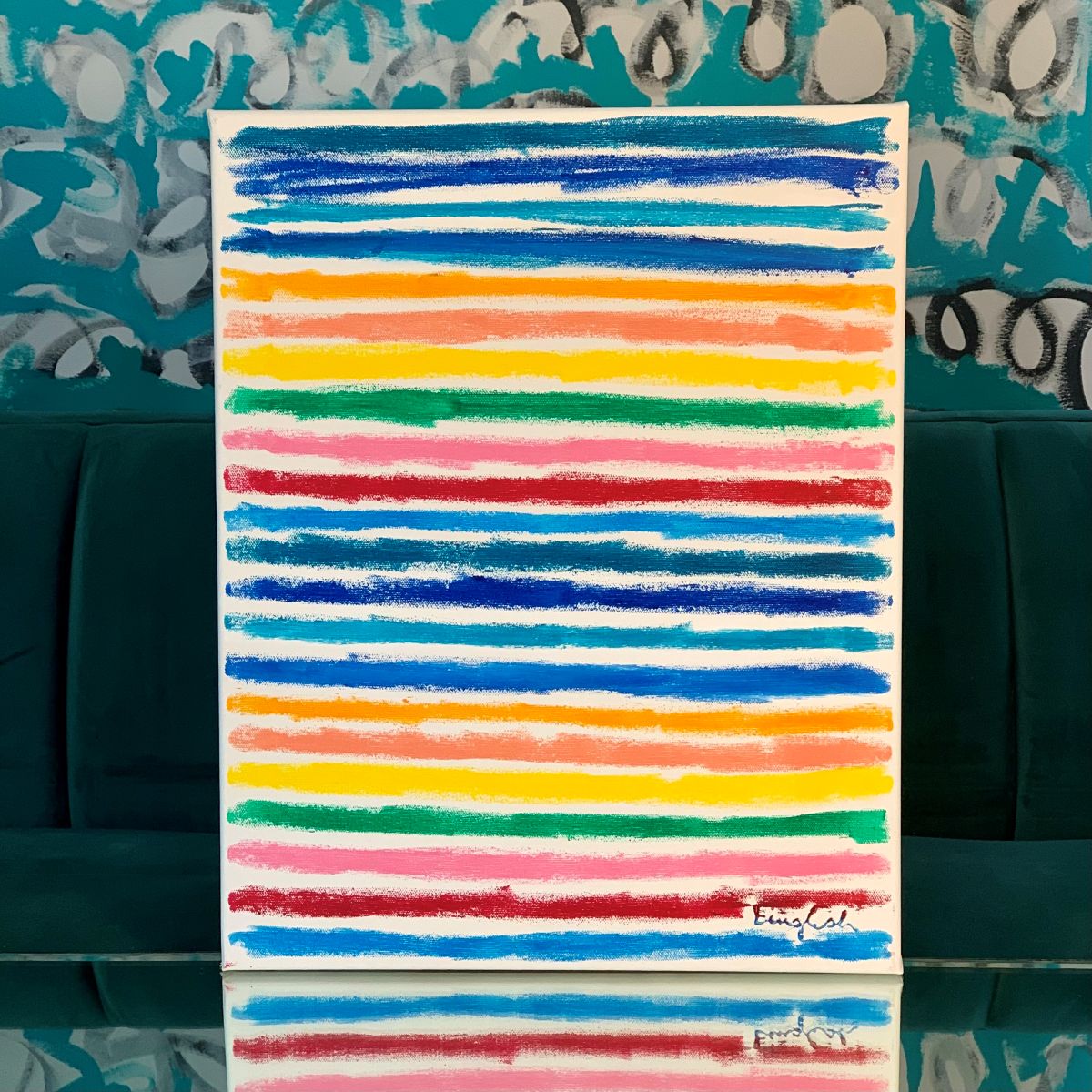 Colorful 16x20 abstract painting with horizontal gestural marks in rainbow tones by artist Beth Inglish.