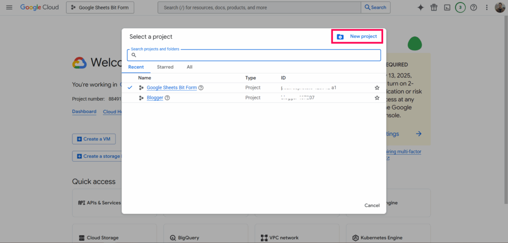 Crear un nuevo proyecto en Google Cloud Console
