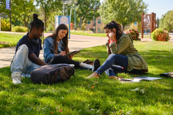 Diverse group of three college students sitting on green autumn campus.