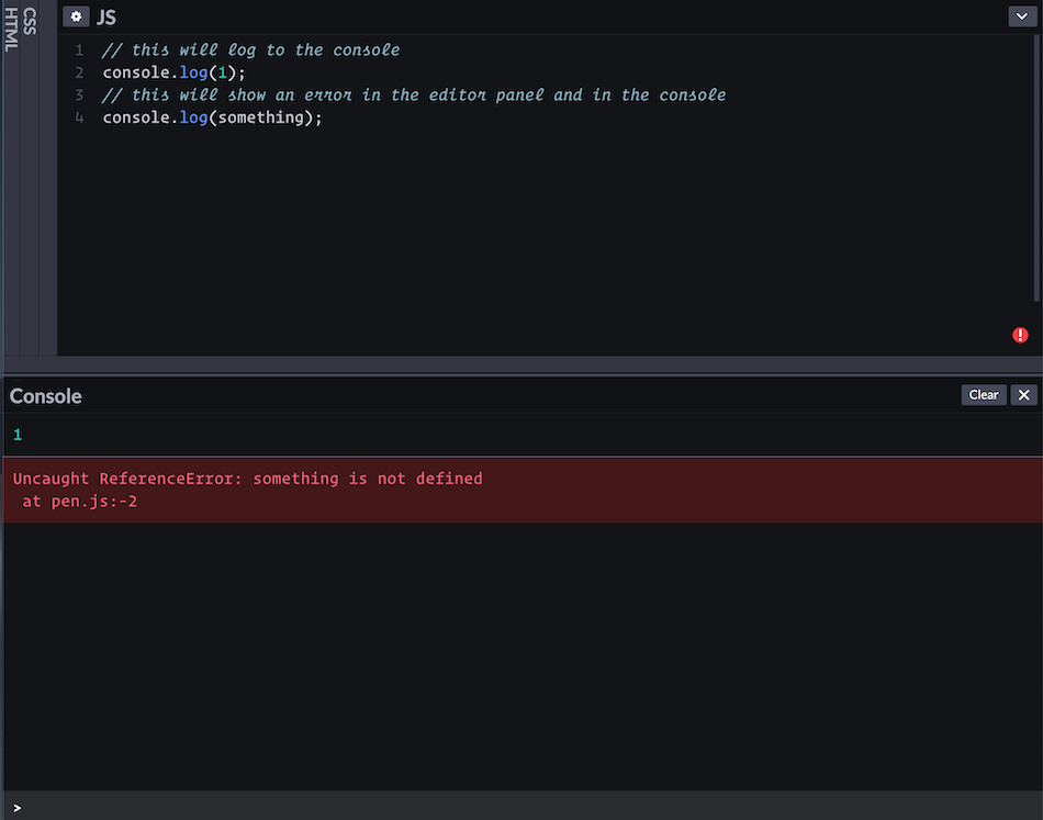 the CodePen editor with errors in the JavaScript panel. The error is logged to the console, and also indicated with an exclamation point icon in the editor panel.