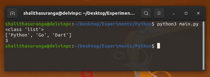 The languages variable's types, contents, and item count as printed
