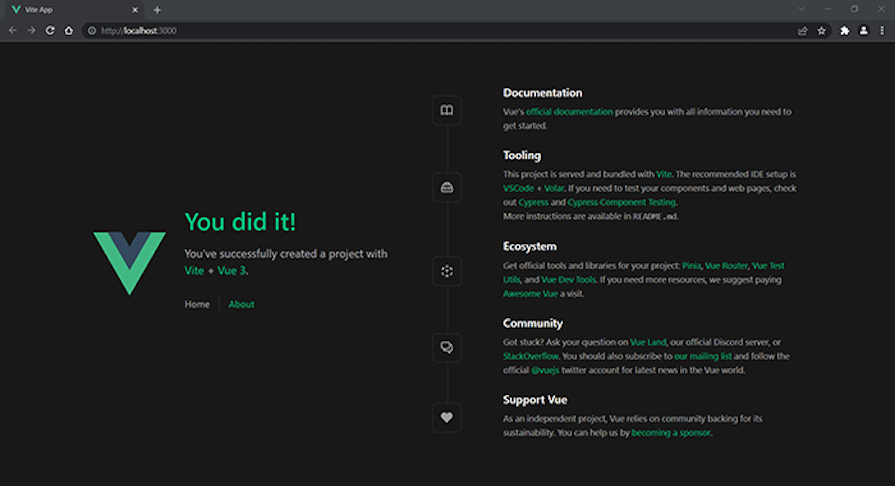 New Vue App Displayed At Localhost 3000