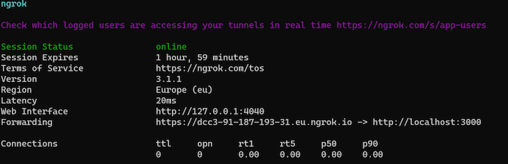 Terminal With Black Background Showing Session Info After Launching Command To Host Local Server With Ngrok