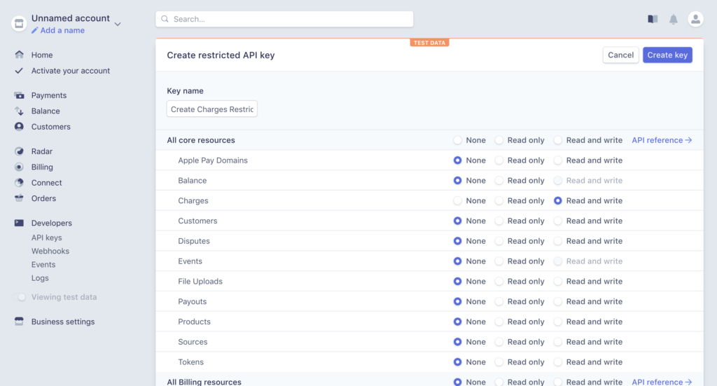 Stripe Dashboard API-Key Restricted