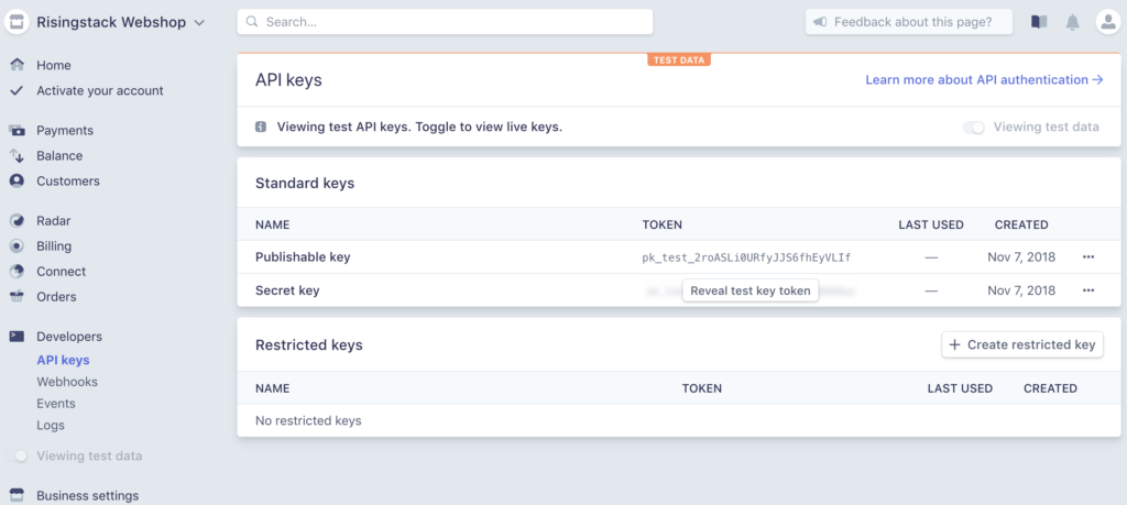 Stripe Payments Dashboard API Key