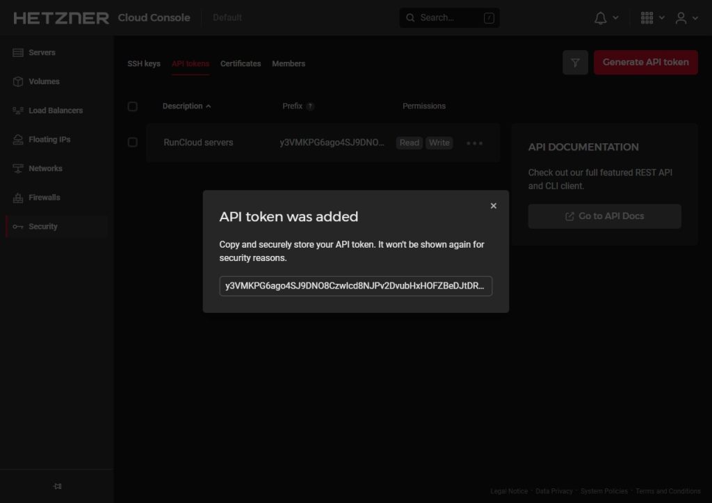 Successful creation of API token on Hetzne