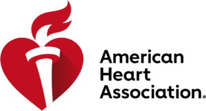 Red heart with a white torch and flame next to the text American Heart Association in black letters.