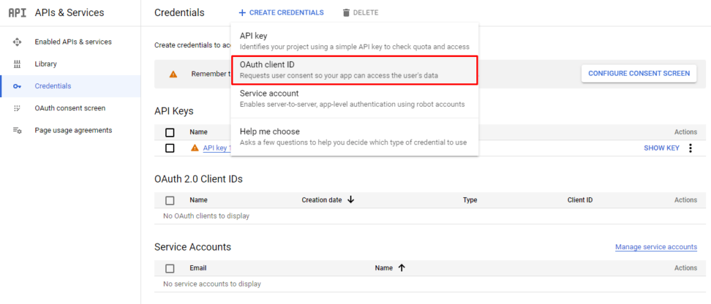 API- Google Create OAuth Client Id
