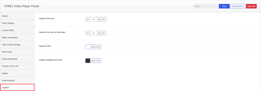 HTML5 Video Player- Caption Settings