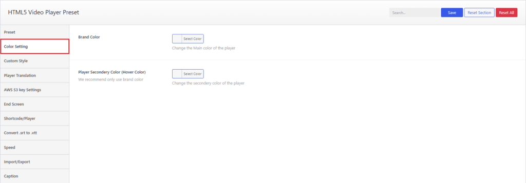 HTML5 Video Player- Color Settings