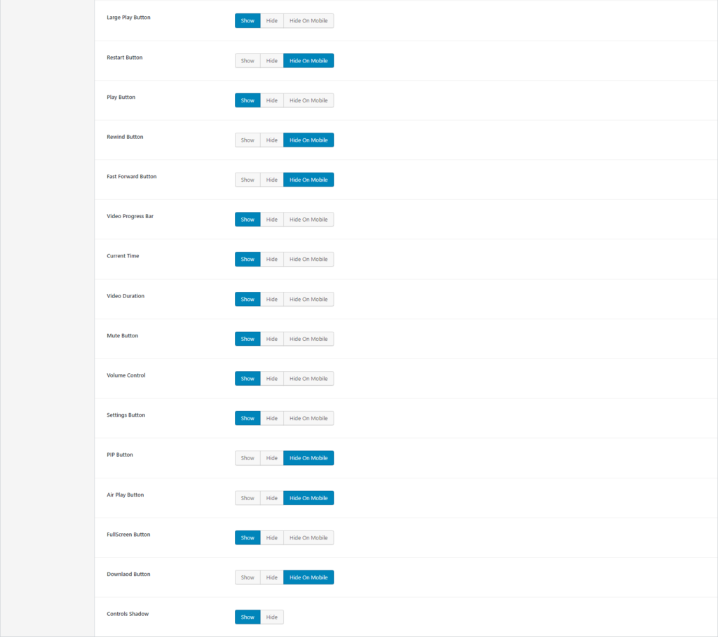 HTML5 Video Player- Preset Elements Settings