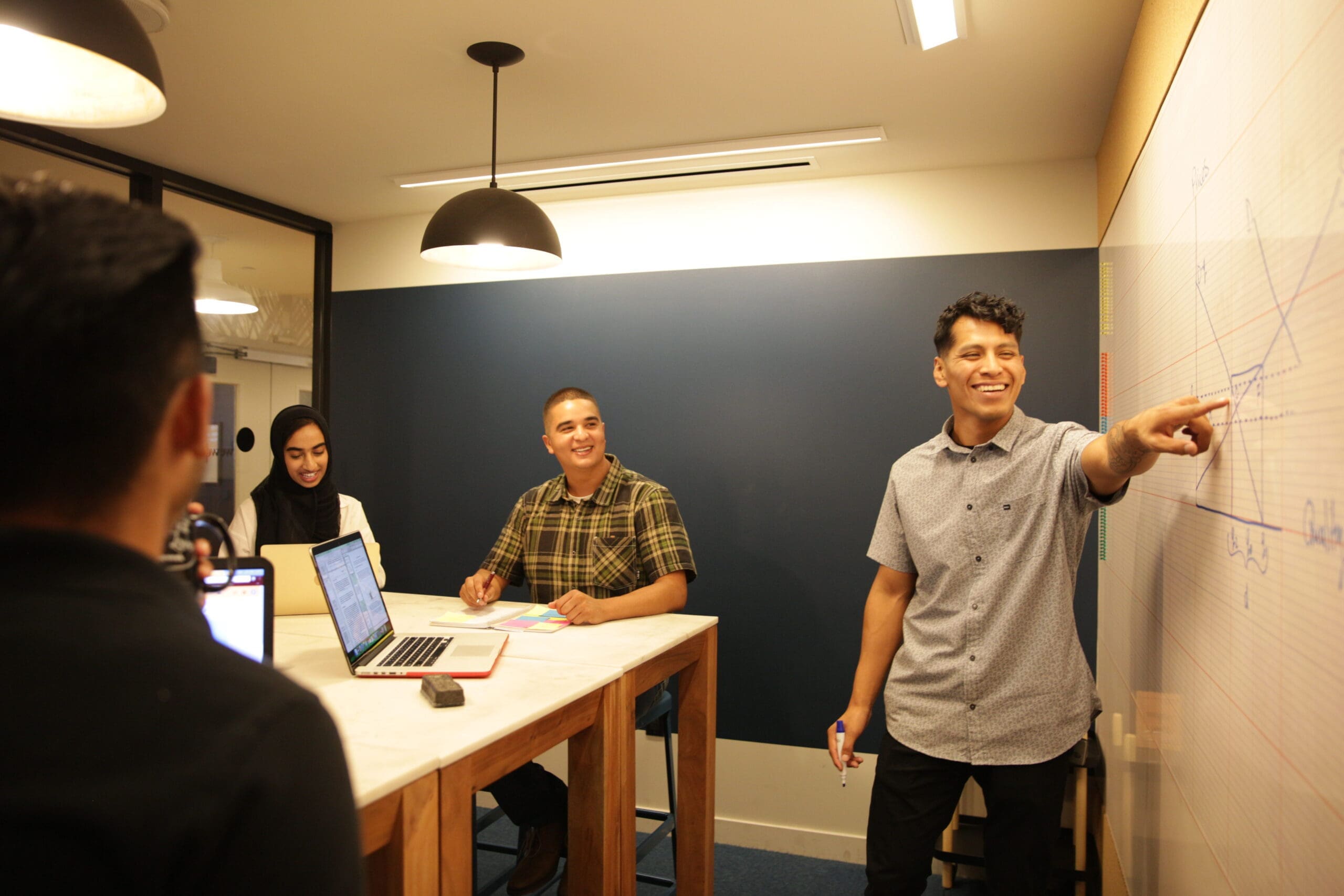 A group of people sitting around a whiteboard in an office.