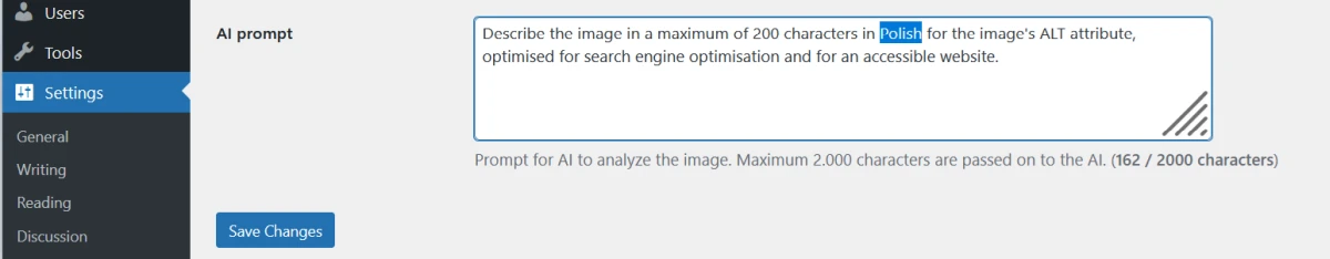 Choose the language for the AI-generated text in the prompt