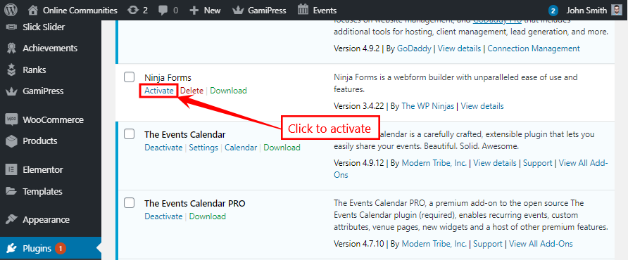 Activating the Ninja Forms plugin