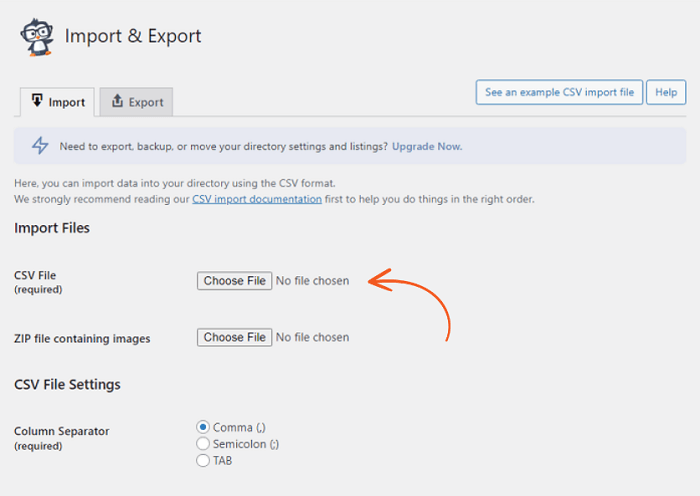 Settings for import and export