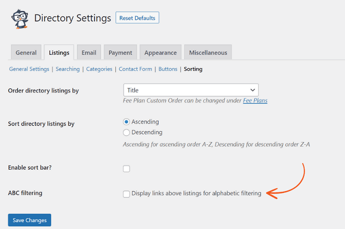 Directory settings ABC filtering