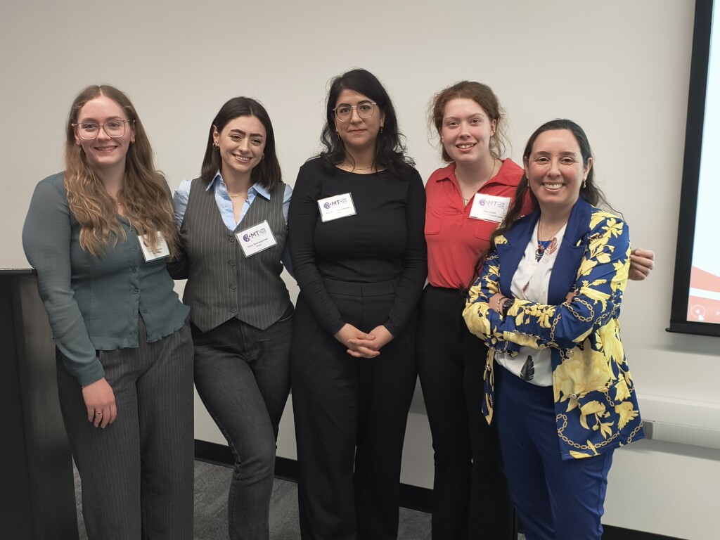 A photo of Harper Chaisson, Kimia Ghanaatpisheh, Flor Barbosa, Josie Mallett, and host Dr. Onita Basu