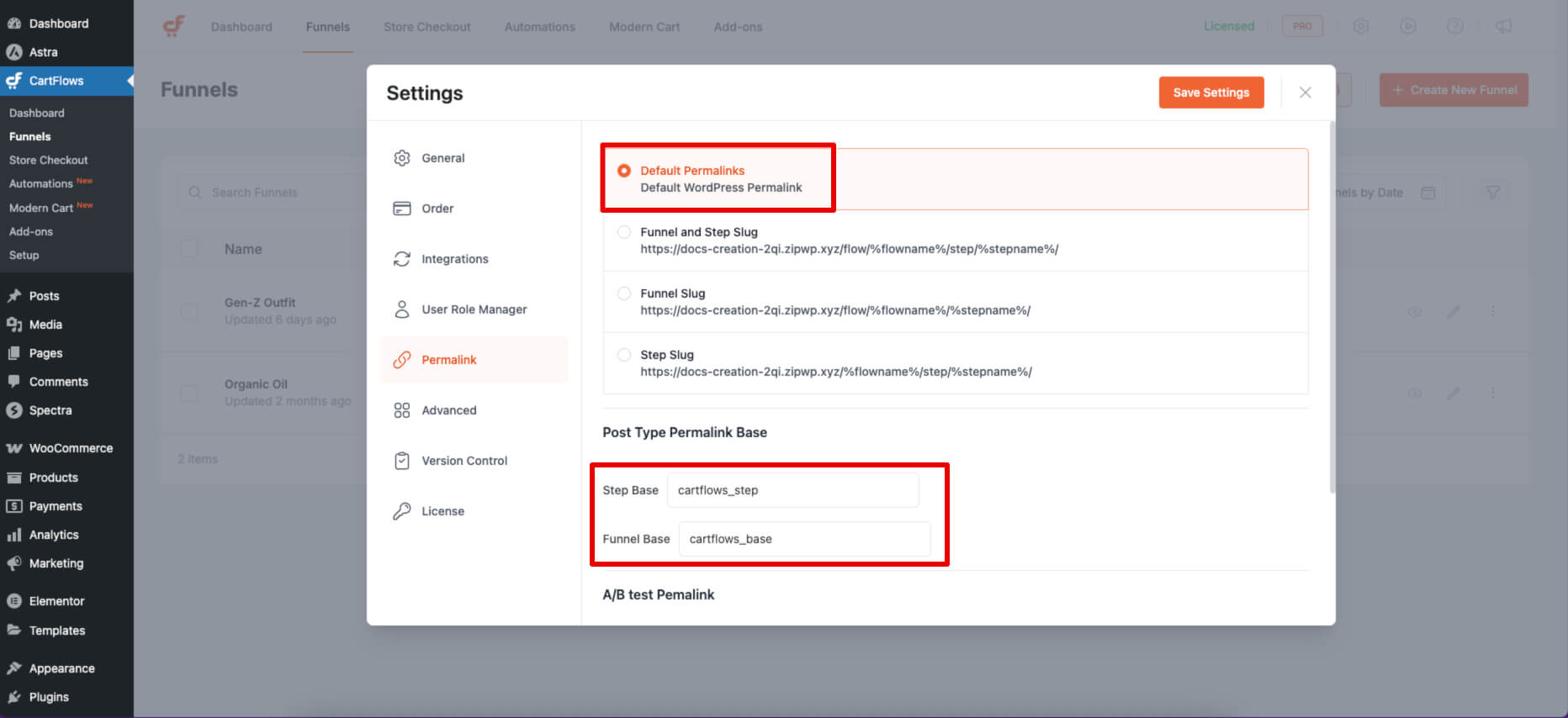 CartFlows Default Permalinks