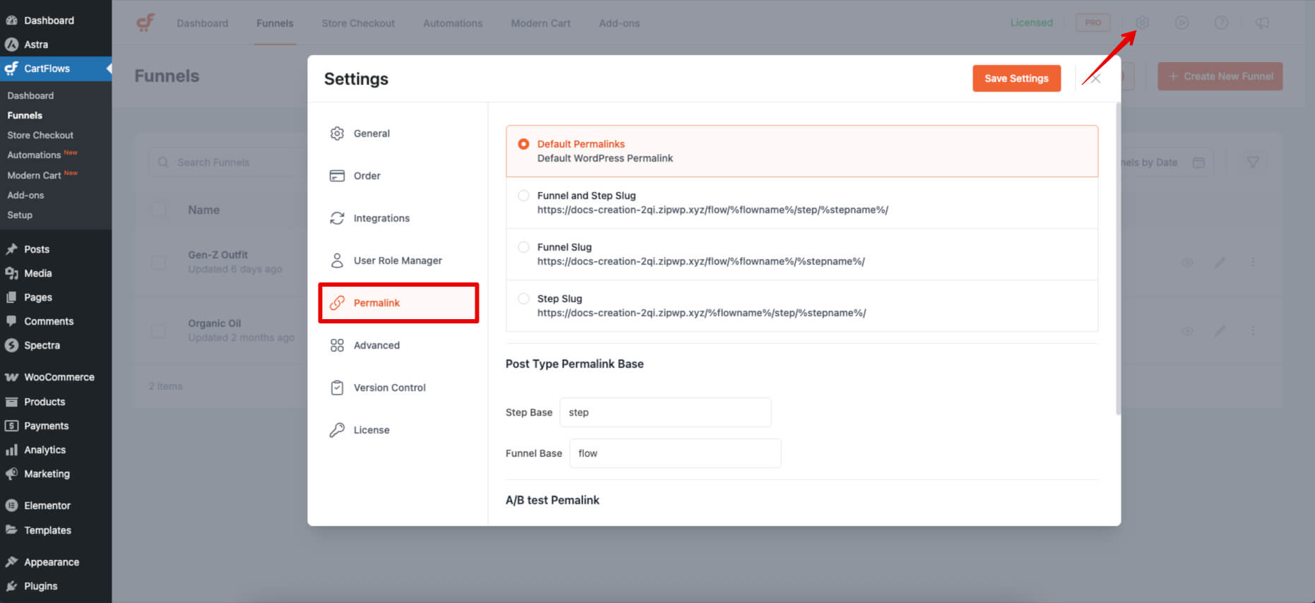 CartFlows Permalink Settings