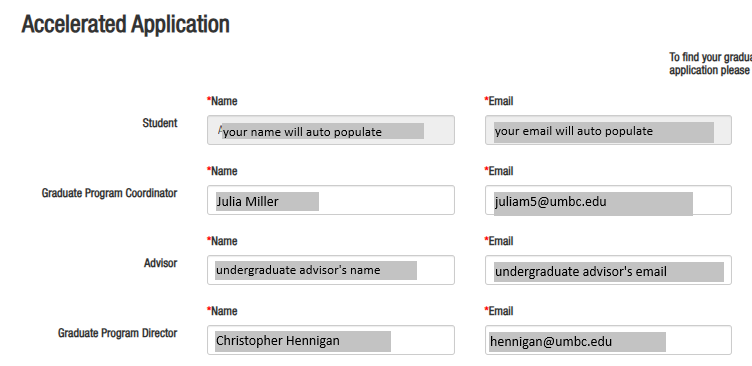 Screenshot from the Accelerated Application showing that your name and email will auto-populate in the form, leaving you to fill out the names and emails of the Graduate Program Coordinator, Julia Miller, your undergraduate advisor, and the Graduate Program Director, Christopher Hennigan.