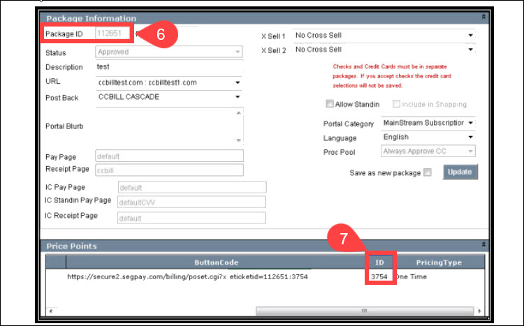 Package ID and code in SegPay admin.
