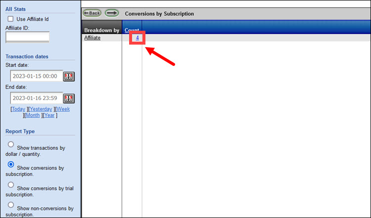 The number of conversions per subscription in the All Stats report in the CCBill Admin.