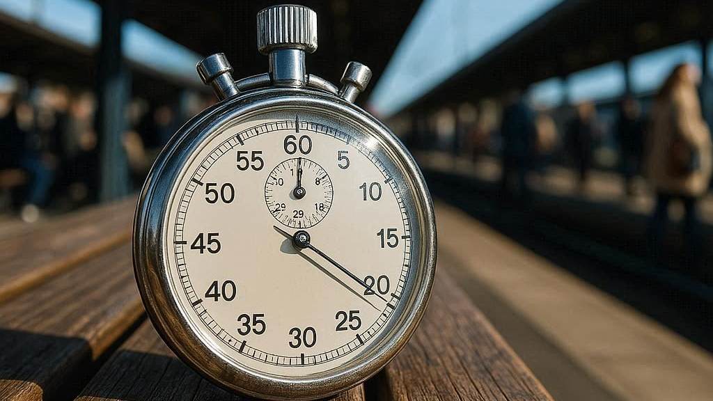 駅のホームのベンチにストップウォッチ