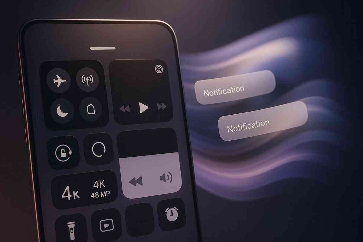 Control Center in action—smooth UI tiles, 4K/48MP camera toggle, Focus shaping notifications into quiet waves—silky responsiveness, serene productivity mood