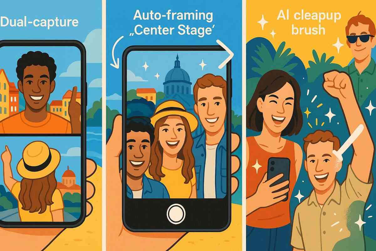 Camera magic triptych—dual-capture front+rear video, auto-framing Center Stage group selfie, AI cleanup brush removing distractions—travel delight, instant wow