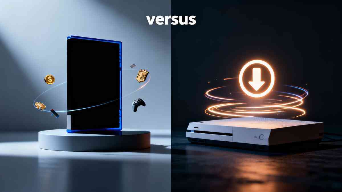 Split-screen clash: physical game case with swirling bonus icons vs digital download arrow over a console—ownership vs instant access, anxious comparison, decisive buy-now momentum