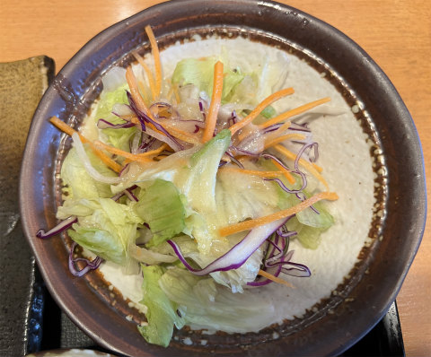 千葉県松戸市牧の原1丁目にある和食、ファミリーレストランの「藍屋 松戸八柱店」若鶏の竜田揚げ黒酢定食のサラダ