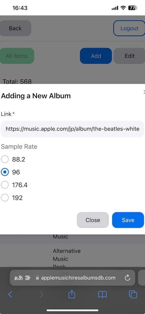 モバイル版Apple Music Hi-Res Albums Databaseでのアルバムリンクとサンプリングレートの入力