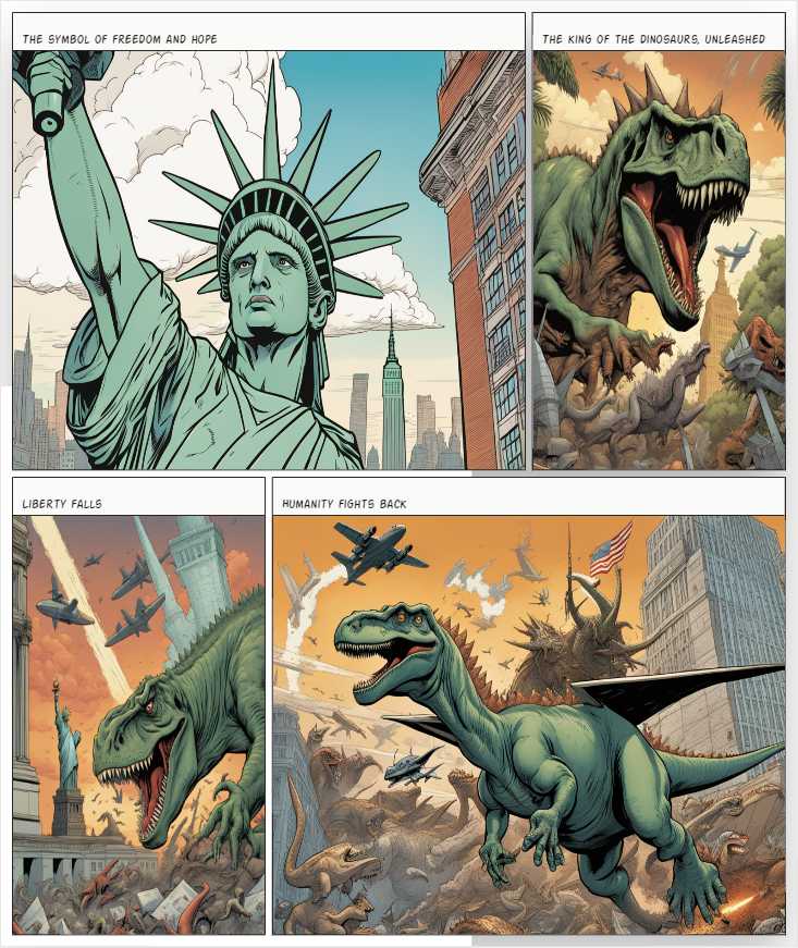 dinosaurs destroy the statue of liberty and planes shoot dinosaurs