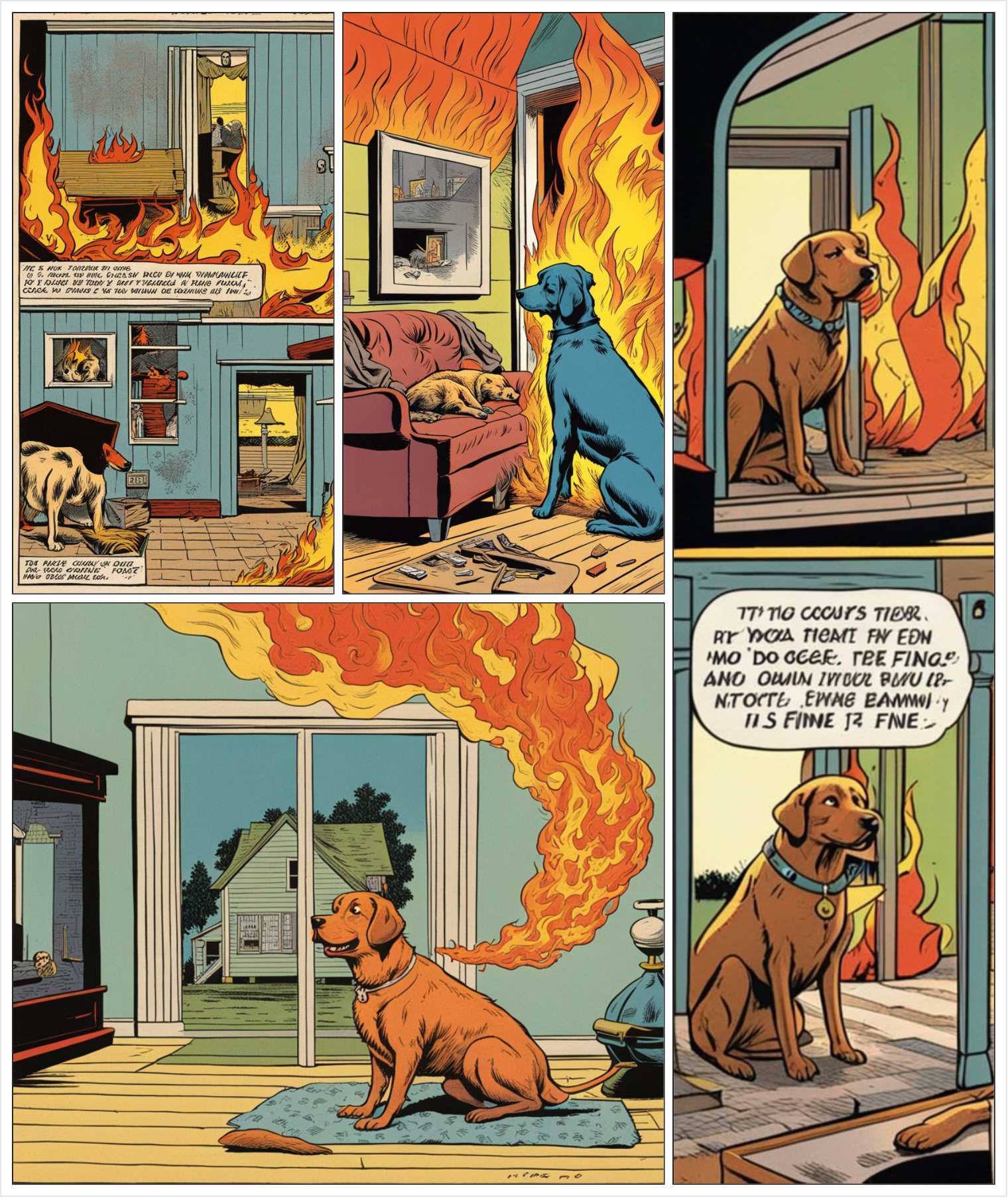 a dog in a house on fire, saying "it is fine"
