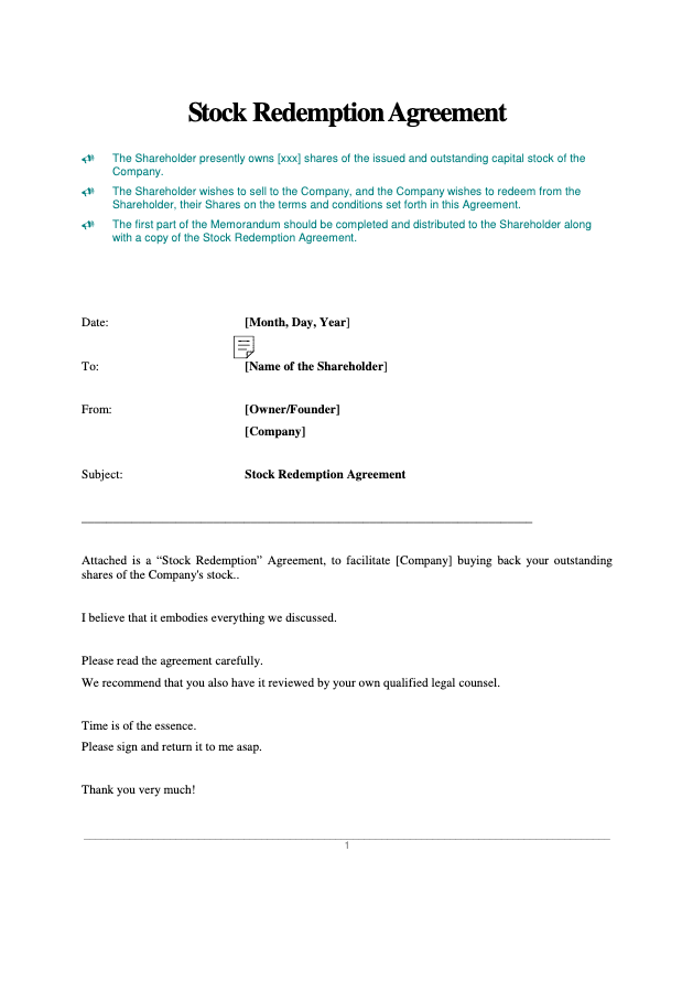 Stock Redemption Agreement Template