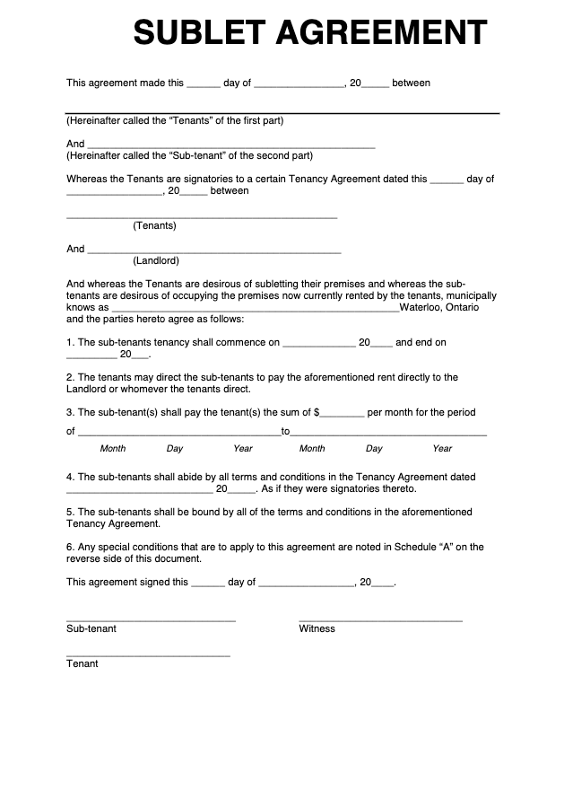 Sublet Agreement Template
