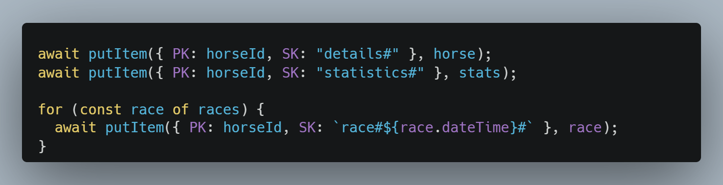 Code snippet for storing horse details, statistics, and race information using the `putItem` function in an asynchronous manner.