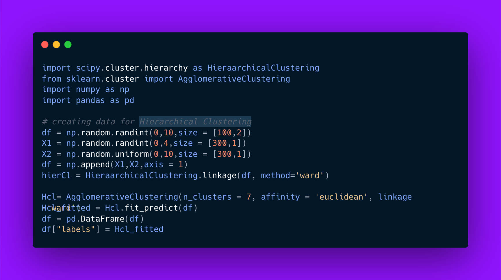 Screenshot of Python code for hierarchical clustering using libraries such as scipy, sklearn, numpy, and pandas. The code generates random data, performs clustering with the function, and outputs a labeled DataFrame. - lunartech.ai