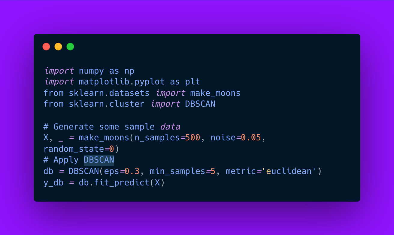 A code snippet on a purple background illustrates the process of using the DBSCAN clustering algorithm. It imports libraries like numpy and matplotlib, generates sample data with , and applies DBSCAN with specified parameters. - lunartech.ai