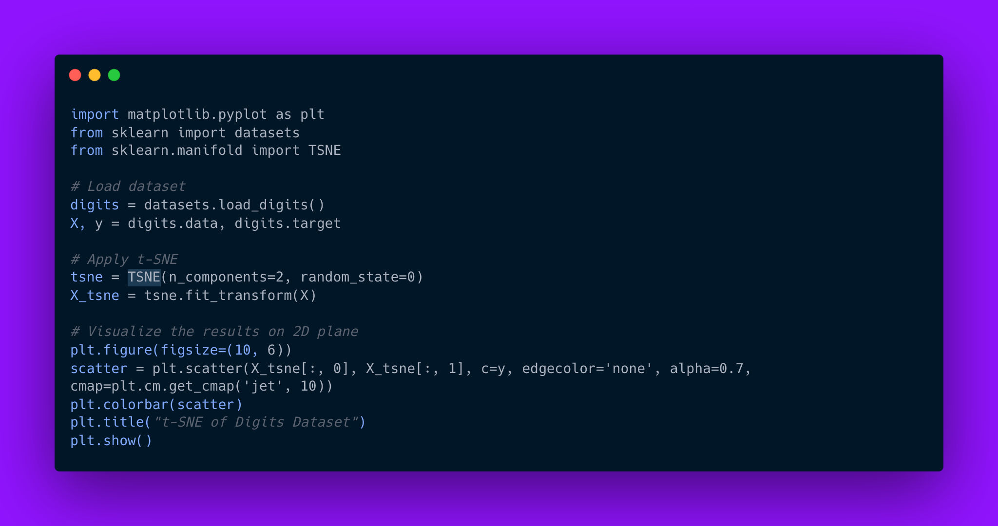 Python code snippet for visualizing the t-SNE transformation of the digits dataset using Matplotlib and scikit-learn. The code loads the dataset, applies t-SNE, and plots the results on a 2D plane. - lunartech.ai