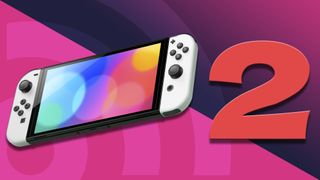 En Nintendo Switch OLED ved siden af en stor to'er på en lilla baggrund.