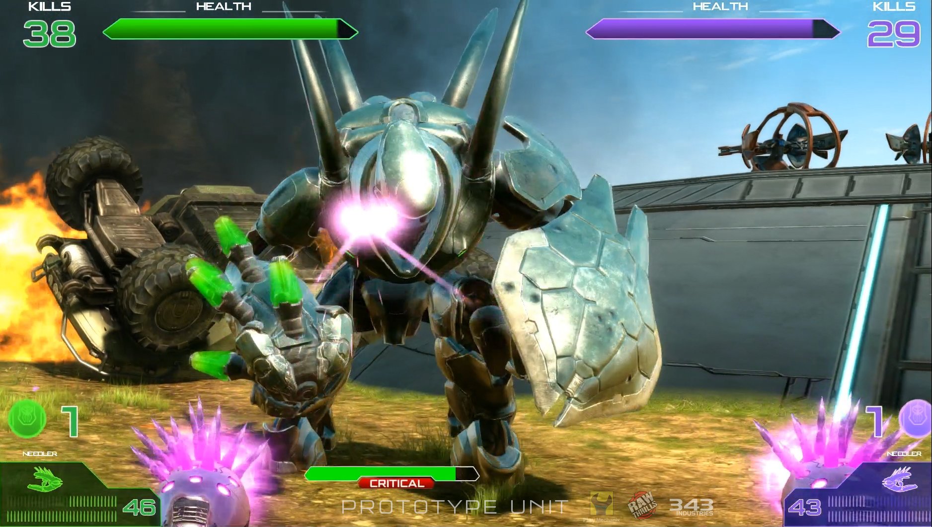 Halo: Fireteam Raven gameplay showing a Covenant Hunter attacking the player, with a burning Warthog in the background and arcade-style HUD elements on screen.