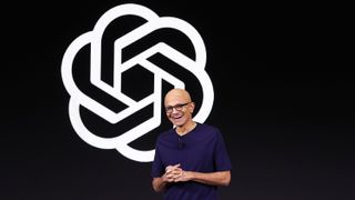 Microsoft CEO Satya Nadella speaks during the OpenAI DevDay event on November 06, 2023 in San Francisco, California. OpenAI CEO Sam Altman delivered the keynote address at the first-ever Open AI DevDay conference.