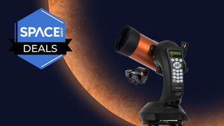 Celestron NexStar 4SE with orange optical tube and a black mount on an orange background with a blue space.com logo in the top left corner.