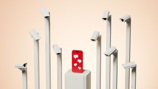 Conceptual image of a large group of cctv camera watching and spying on a mobile phone with messages, it illustrates digital surveillance concept