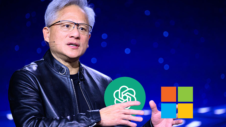 NVIDIA CEO Jensen Huang holding OpenAI and Microsoft logos, crudely photoshopped on top by Jez Corden