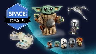 Various Star Wars: Mandalorian and Grogu merchandise on a blue planet background with a blue Space.com deals badge in the upper left.