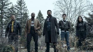 Frenchie, Mother's Milk, Butcher, Hughie, and Kimiko standing on the edge of a forest in The Boys season 5 episode 4