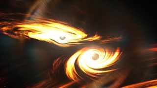 An illustration of two merging black holes.