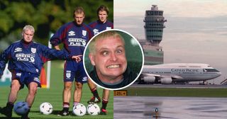 Paul Gascoigne of England (left) practices. Behind him are teammates Alan Shearer (centre) and David Beckham (right) who are waiting their turn during England training at Bisham Abbey in Marlow. Inset picture of Paul Gascoigne pulling a face while chewing gum. With a Cathay Pacific 747 plane on the right of the image